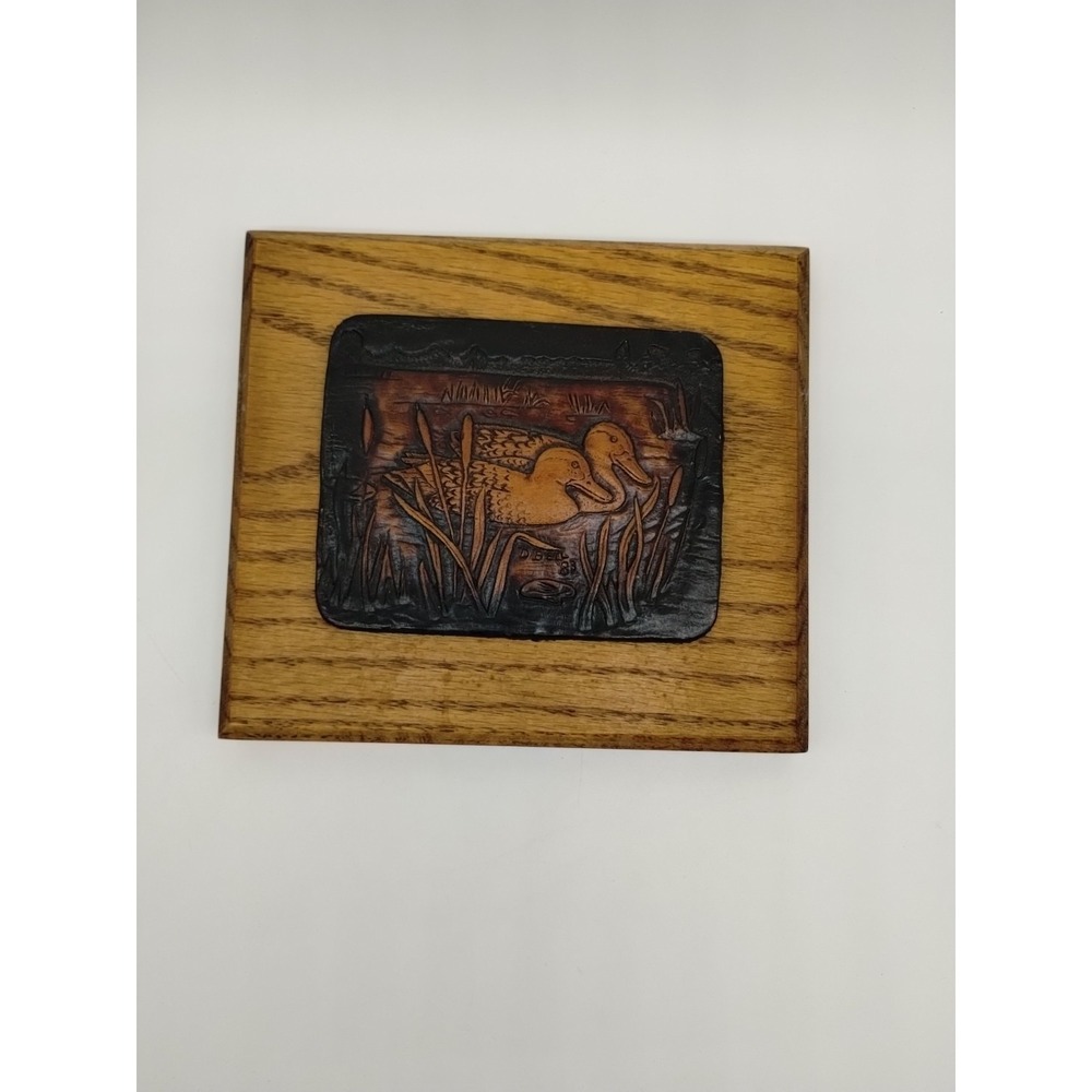 Wisconsin Woods Leather Ducks Mounted On Wood Plaque Signed 7"X 6" Dated 1983